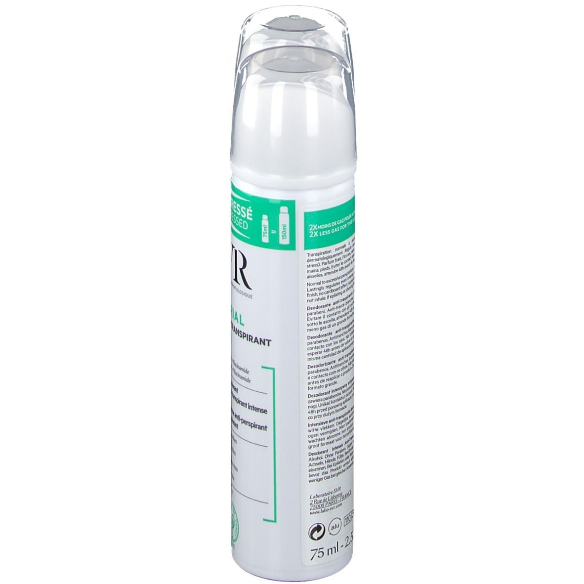 Witte spray met groene details. Opschrift: SVR SPIRIAL Spray Anti-Transpirant. Transparante dop. Zijaanzicht.