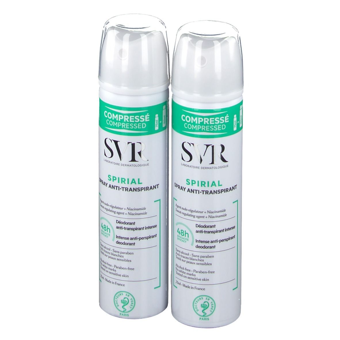Twee witte sprays met groene accenten. Opschrift: SVR SPIRIAL Spray Anti-Transpirant. Transparante doppen.