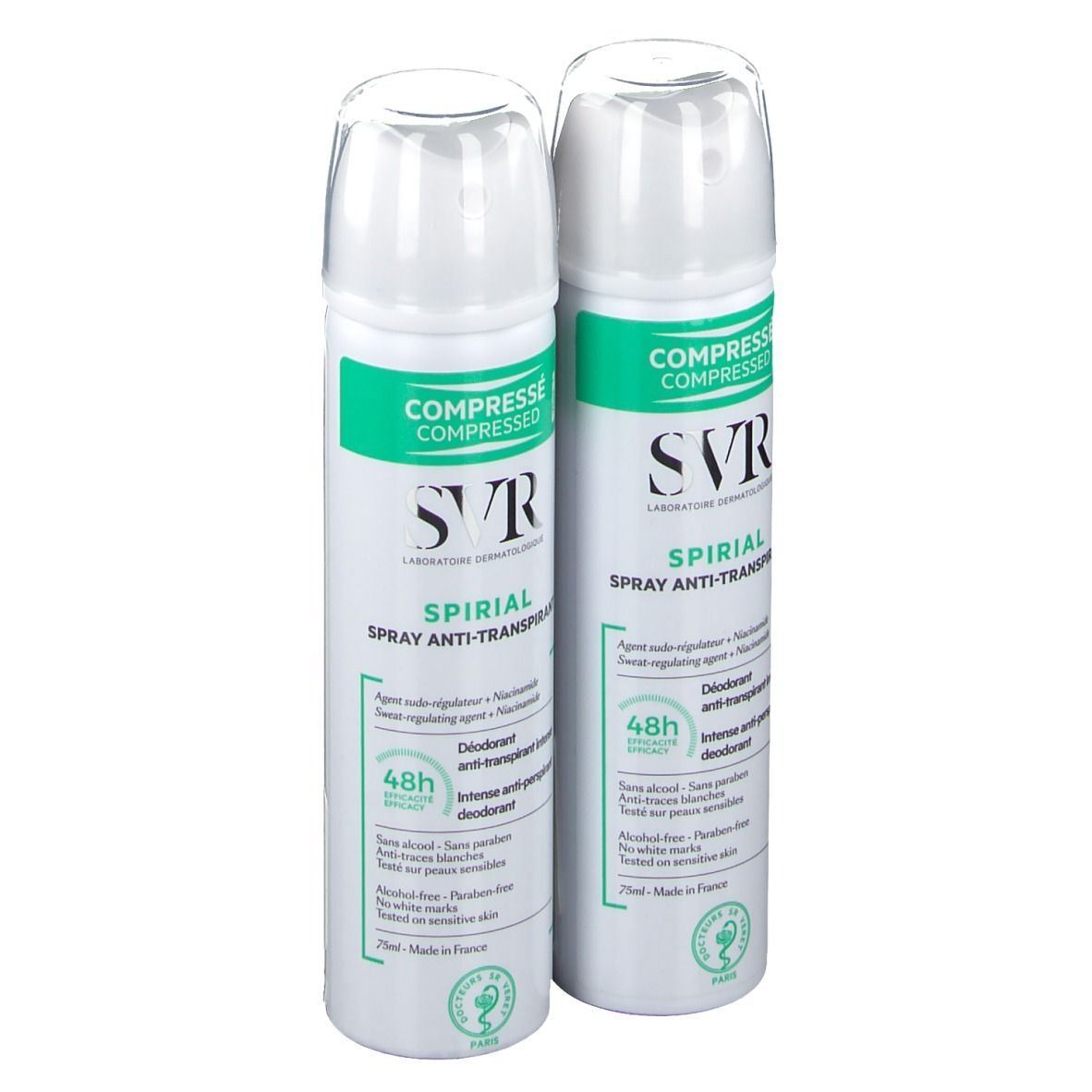 Twee witte sprays met groene accenten. Opschrift: SVR SPIRIAL Spray Anti-Transpirant. Transparante doppen.