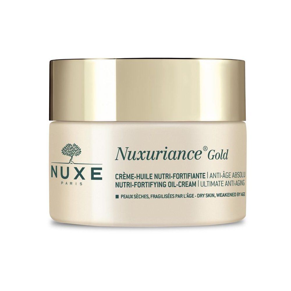 Achterkant van de Nuxe Nuxuriance Gold Olie-Crème met meertalige gebruiksinstructies.