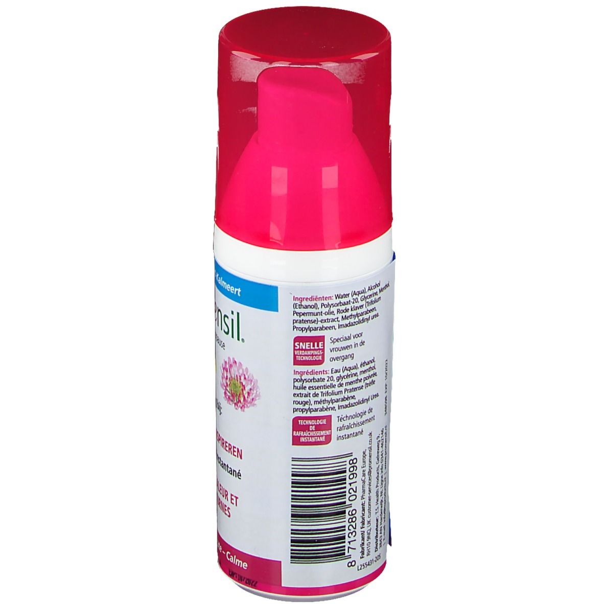 Promensil Cooling Spray. Zijkant fles met ingrediënten en barcode. Tekst: Ingrediënten, Snelle verlichting.