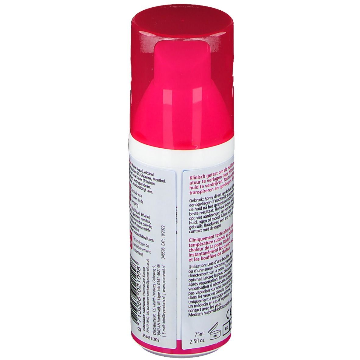 Promensil Cooling Spray. Zijkant fles met gebruiksaanwijzing. Tekst: Gebruik, Klinisch getest.