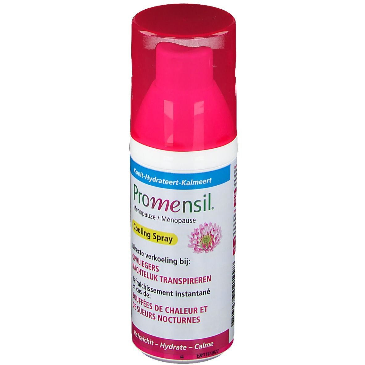 Promensil Cooling Spray. Witte fles met roze sproeikop. Tekst: Cooling Spray, Menopauze.