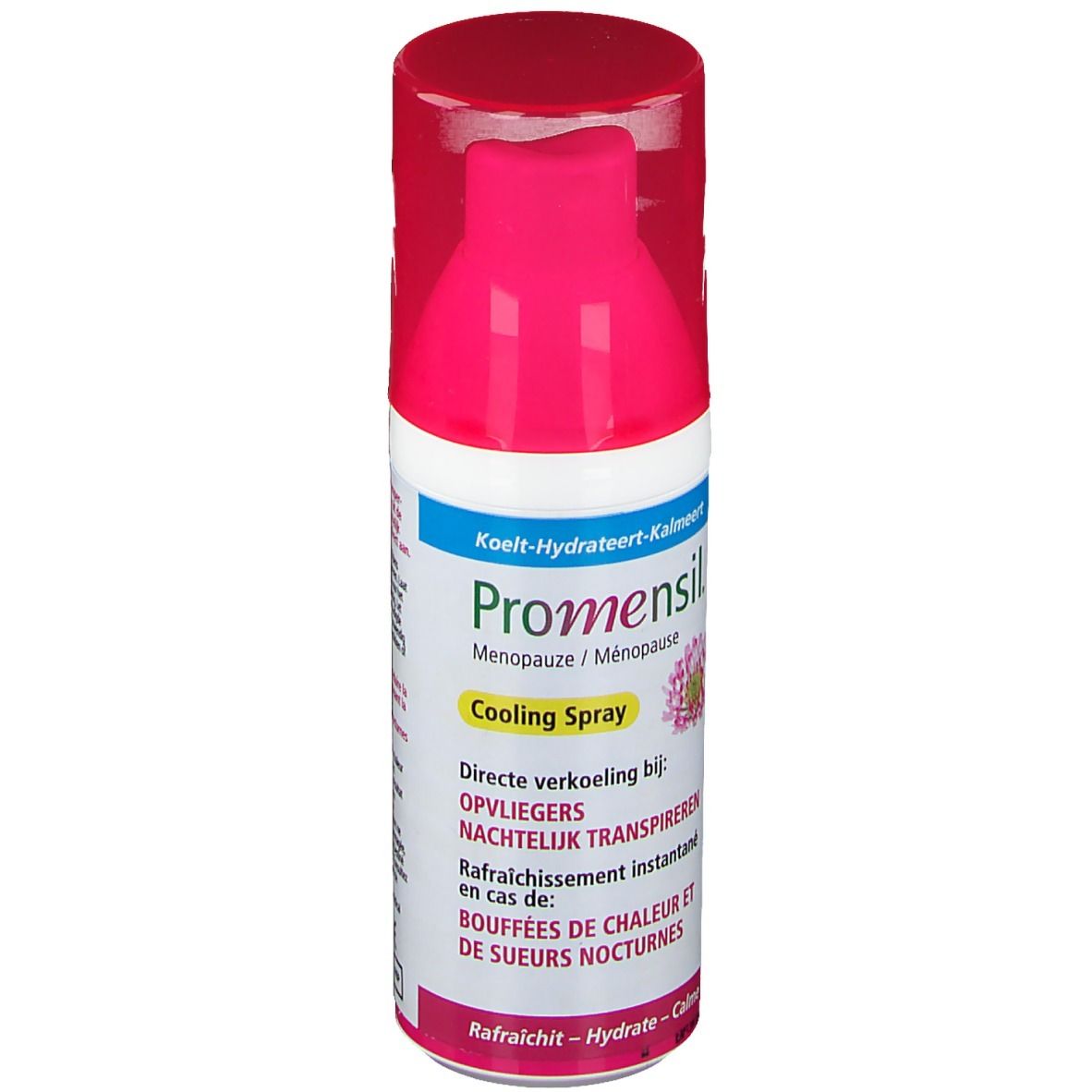 Promensil Cooling Spray. Witte fles met roze sproeikop. Tekst: Cooling Spray, Menopauze.