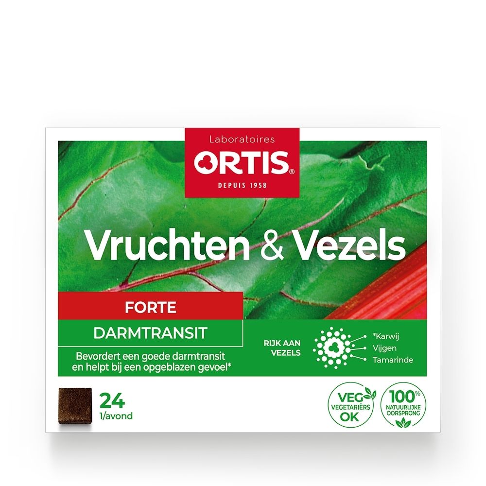 Ortis Vruchten & Vezels Forte: Voorkant van de verpakking met details over Darmtransit.