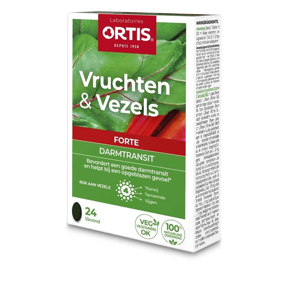 Voorkant van het pak Ortis Vruchten & Vezels Forte Darmtransit met afbeelding van rabarber en vijgen.