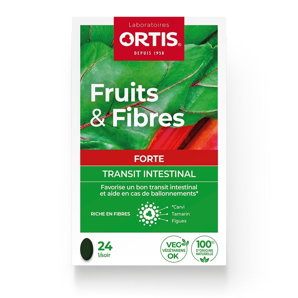Face avant de la boîte Ortis Fruits & Fibres Forte Transit Intestinal avec image de rhubarbe et figues.