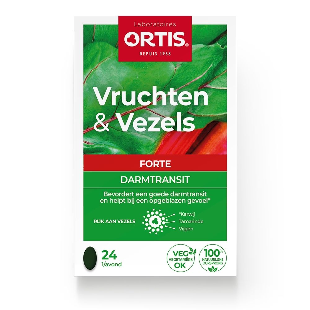 Voorkant van het pak Ortis Vruchten & Vezels Forte Darmtransit met afbeelding van rabarber en vijgen.