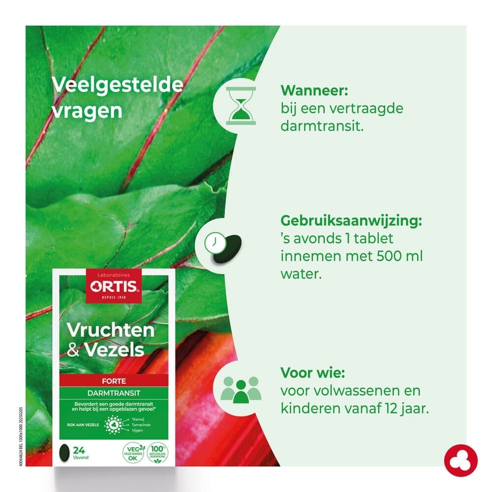 Voorkant van het pak Ortis Vruchten & Vezels Forte Darmtransit met afbeelding van rabarber en vijgen.