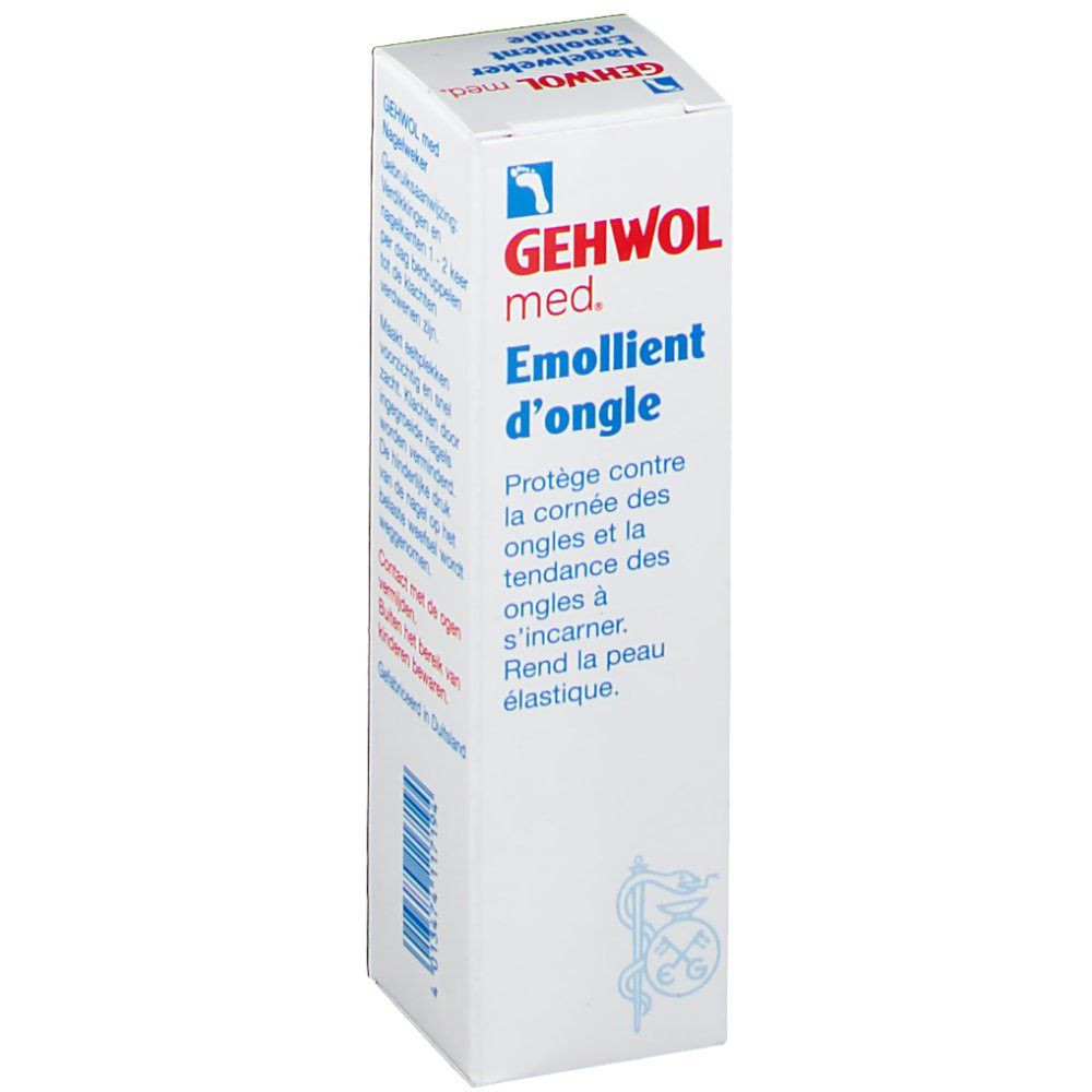 GEHWOL med. Emollient d'ongle. Witte doos met productnaam en logo. Tekst in het Frans: Protège contre la corneé des ongles.