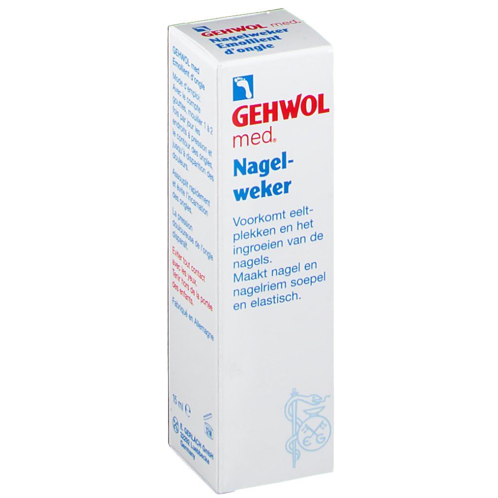 GEHWOL med. Nagelweker. Witte doos met productnaam en logo. Tekst in het Nederlands: Voorkomt eeltplekken en het ingroeien van de nagels.