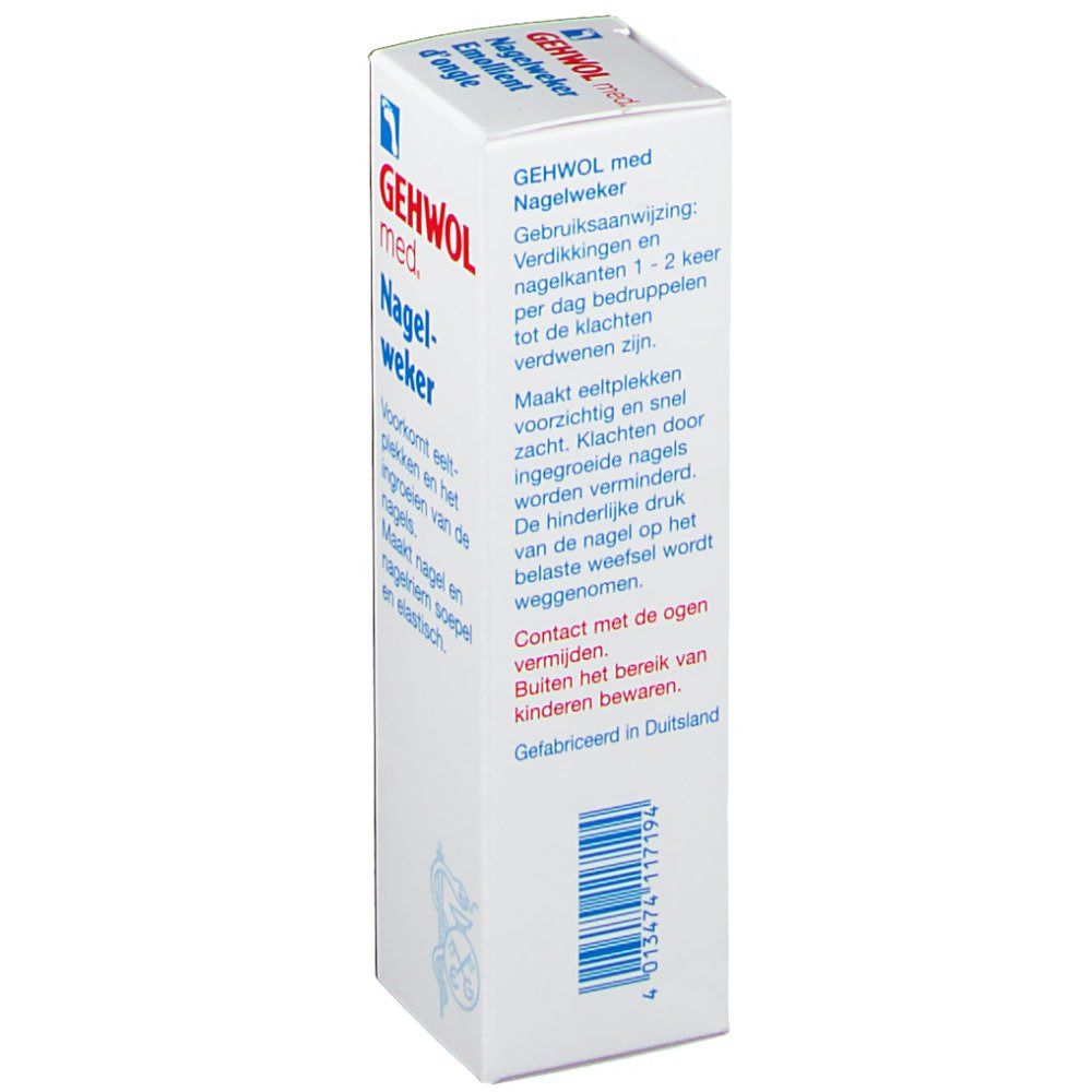 GEHWOL med. Nagelweker. Witte doos met productnaam en logo. Tekst in het Nederlands: Gebruiksaanwijzing.