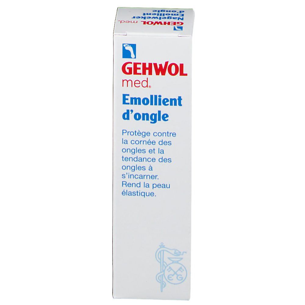 GEHWOL med. Emollient d'ongle. Witte doos met productnaam en logo. Tekst in het Frans: Protège contre la corneé des ongles.