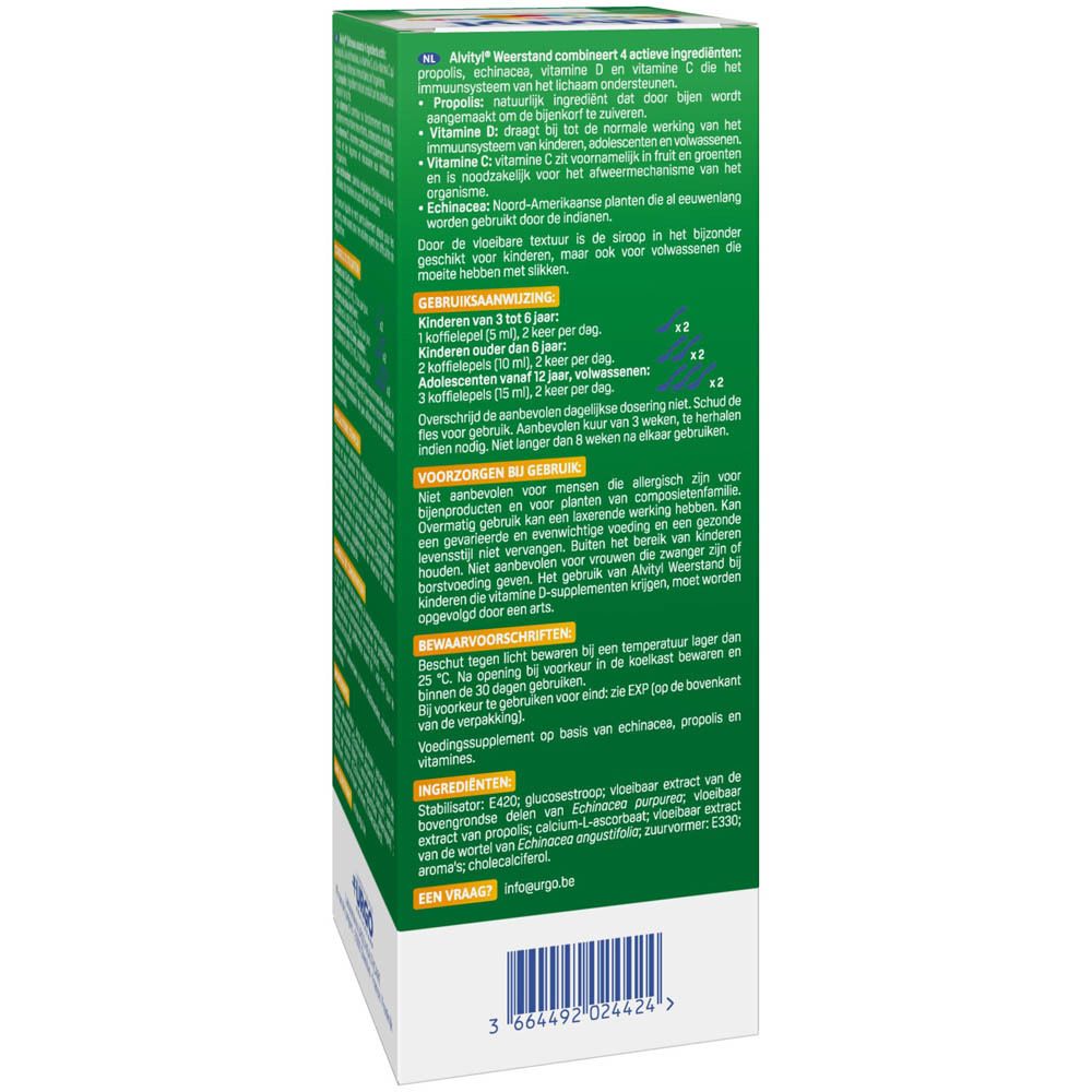 Dos de l'emballage Alvityl Défenses Weerstand. Texte en néerlandais. Contient des informations sur le produit.