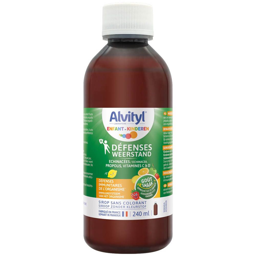 Alvityl Défenses Weerstand fles. Bevat echinacea, propolis, vitamines C & D. 240 ml. Witte dop.