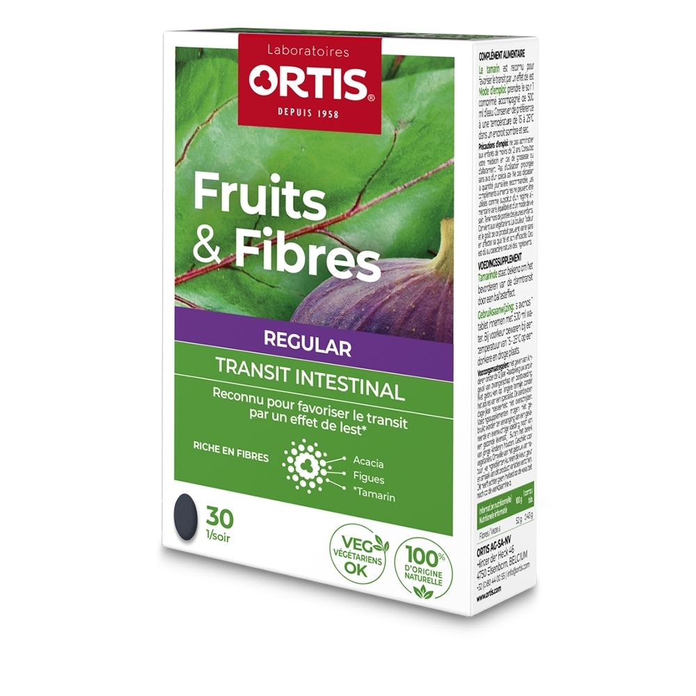 Ortis Fruits & Fibres Regular Transit Intestinal Programme boîte de 30 comprimés.