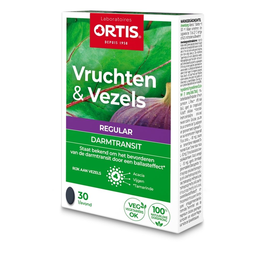 Ortis Vruchten & Vezels Regular Darmtransit Programma doos met 30 tabletten.