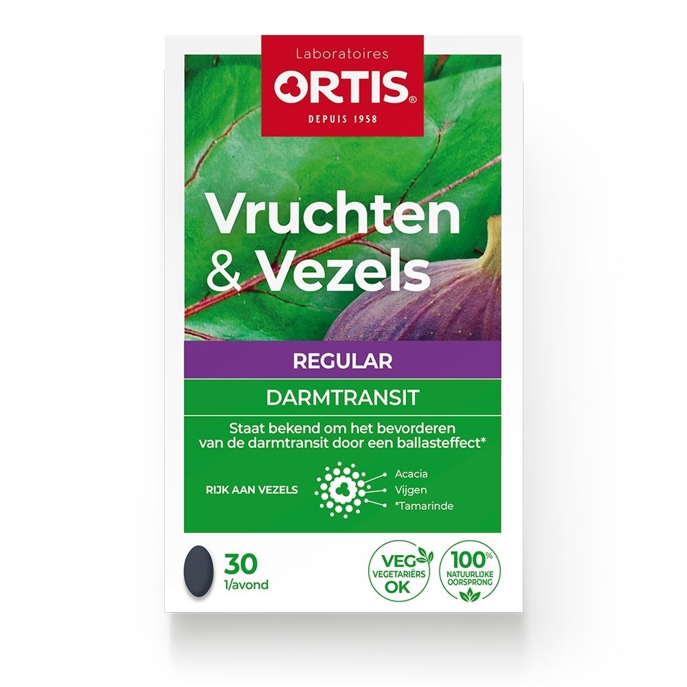 Ortis Vruchten & Vezels Regular Darmtransit Programma doos met 30 tabletten, met afbeelding van vijgen en rabarber.