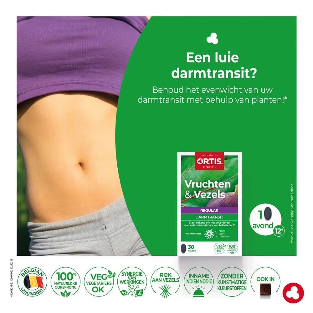Ortis Vruchten & Vezels Regular Darmtransit Programma doos met 30 tabletten, zijaanzicht met productinformatie.