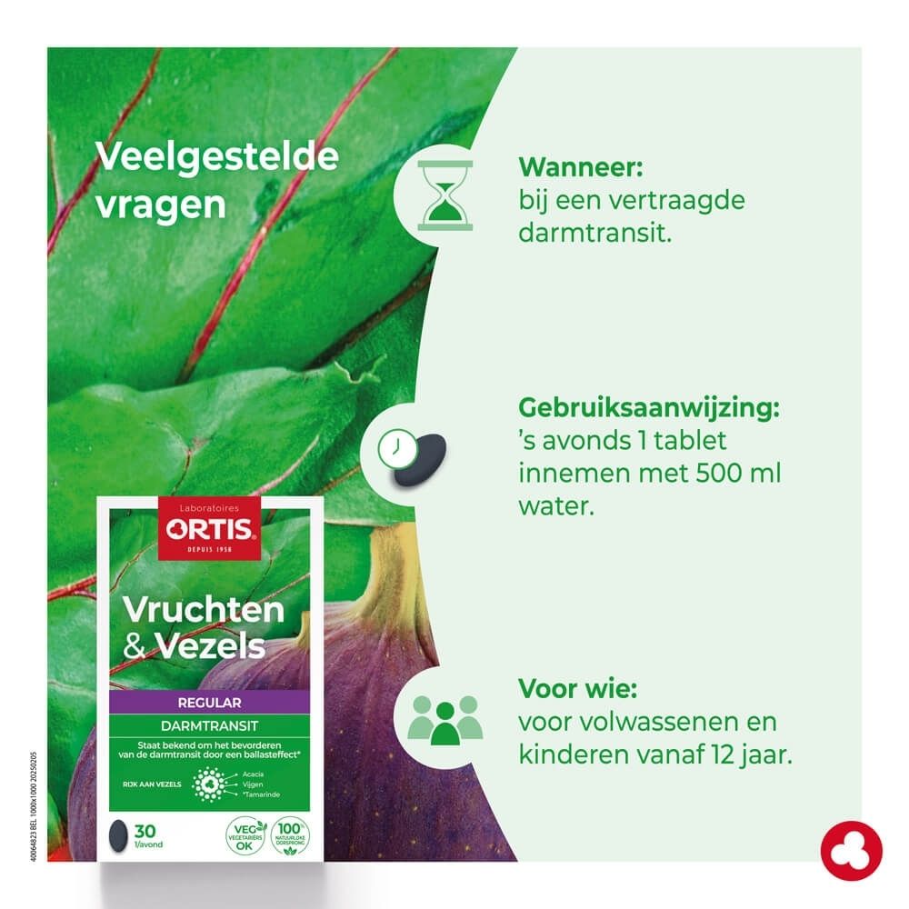 Ortis Vruchten & Vezels Regular Darmtransit Programma doos met 30 tabletten, zijaanzicht met productinformatie.