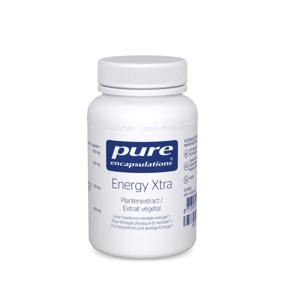 Flacon blanc de capsules. Inscription: Pure Encapsulations Energy Xtra. Extrait végétal. Bouchon et étiquette.