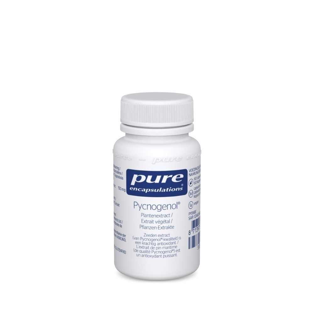 Witte fles met blauw etiket. Opschrift: pure encapsulations® Pycnogenol®. Plantenextract.