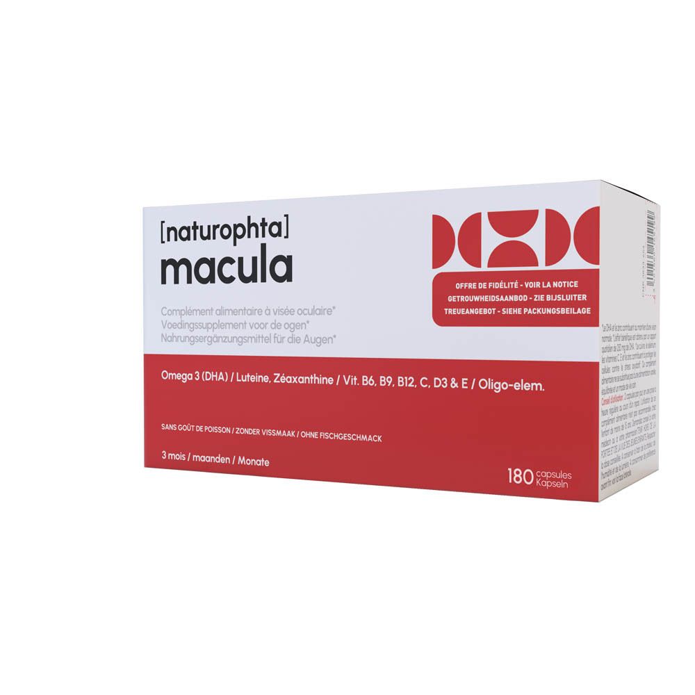 Witte doos met rode tekst. Opschrift: [naturophta] macula. Bevat 180 capsules. Bevat Omega 3, luteïne, zeaxanthine en vitamines.