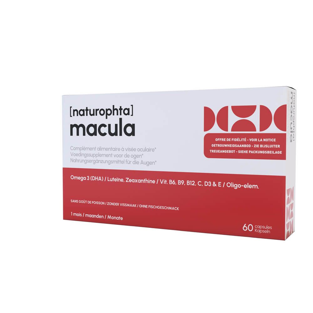 Wit en rode doos met "[naturophta] macula". Bevat 60 capsules. Bevat Omega 3, Luteïne, Zeaxanthine en vitamines.