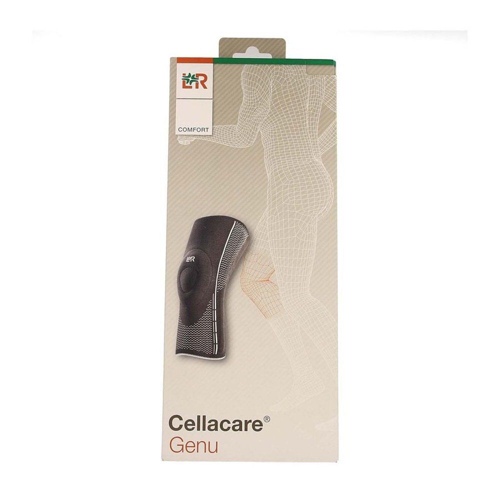 Kniebrace in verpakking. Zwart en grijs. Cellacare Genu Comfort, maat 5+. Comfort-logo. Illustratie van een menselijk lichaam.