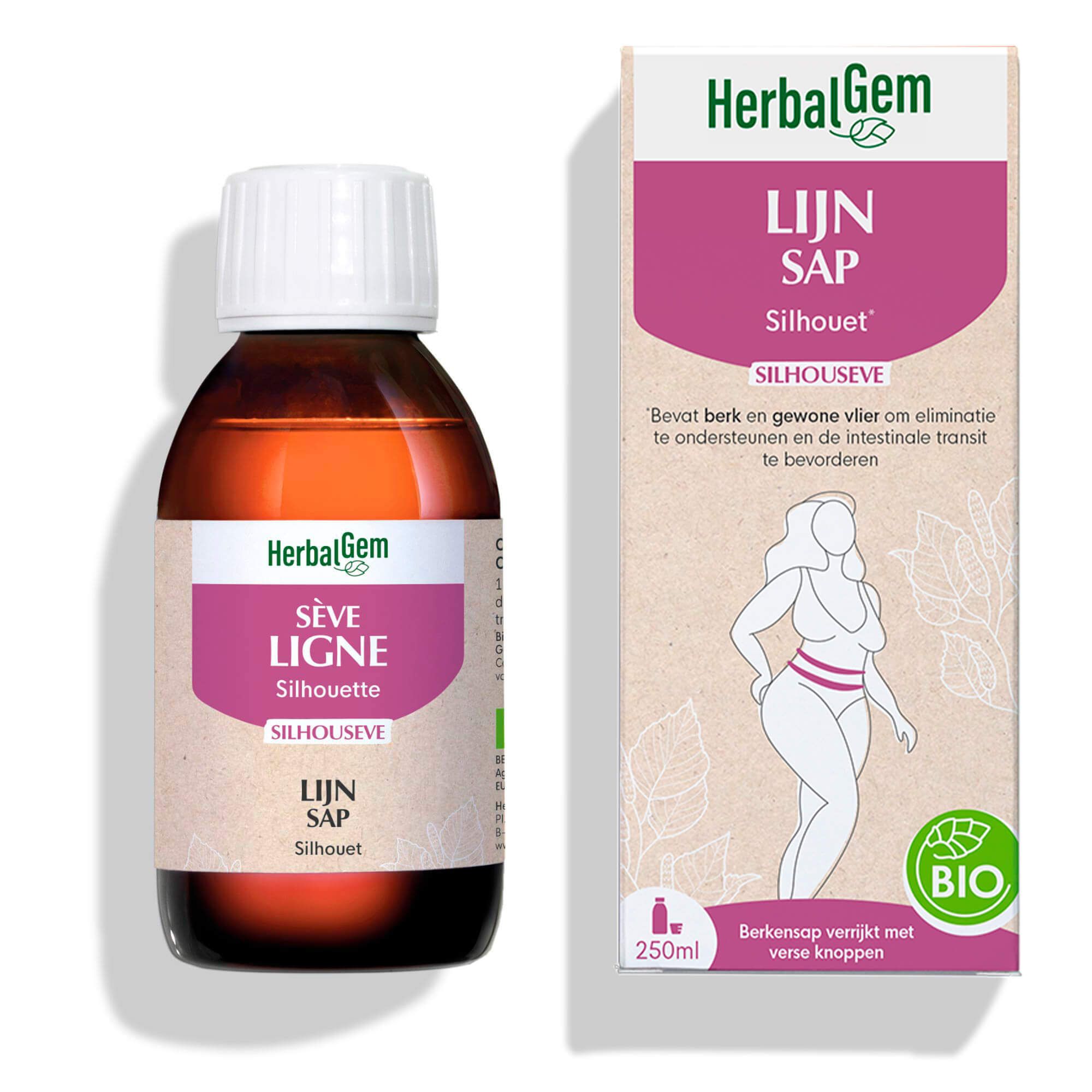 Bruine fles en verpakking. Opschrift: Lijn Sap Silhouette, HerbalGem. Bio-certificering. 250ml.