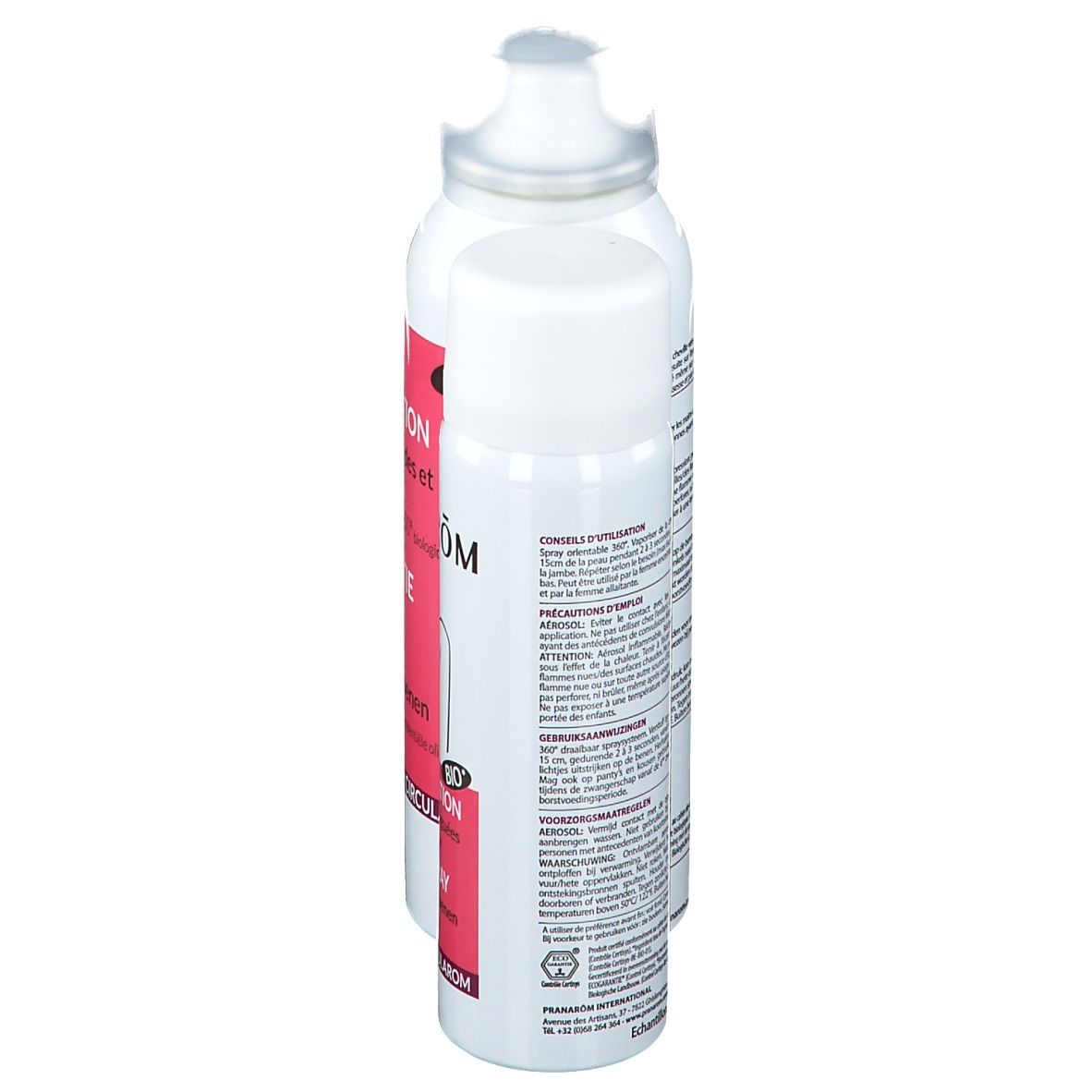 Deux sprays blancs, vue arrière. Texte et avertissements sur les étiquettes. Certification BIO.