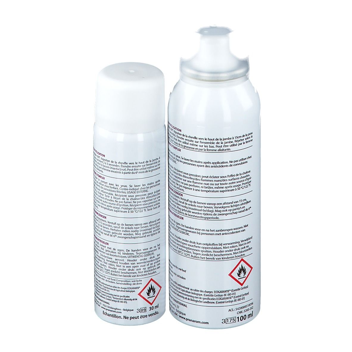 Deux sprays blancs, vue arrière. Texte et avertissements sur les étiquettes. 100 ml et 30 ml.