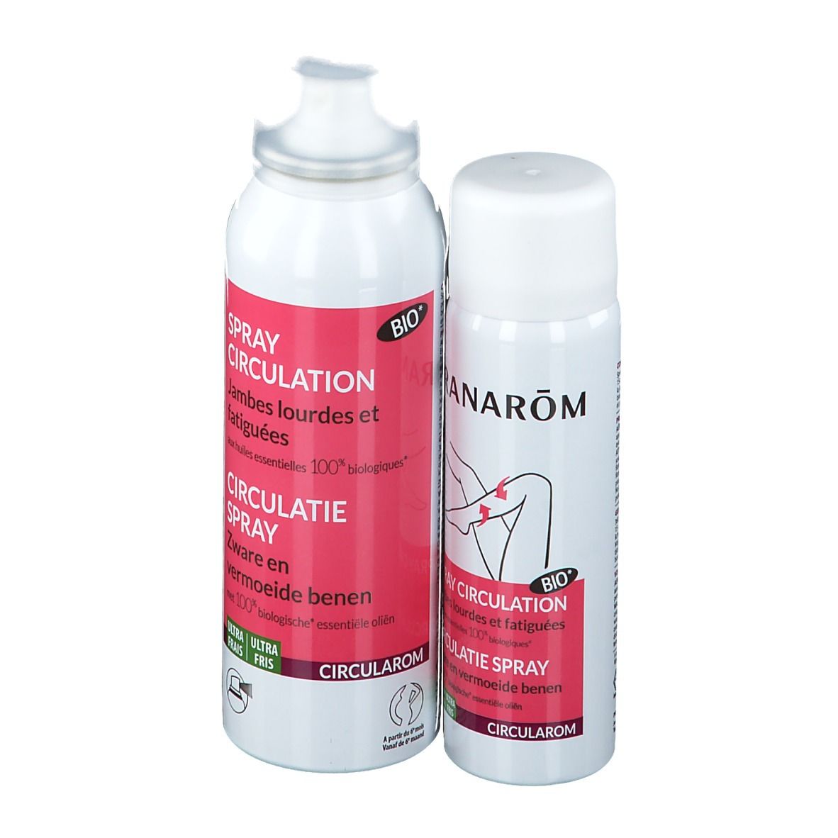 Deux sprays blancs avec texte rouge. Inscription: PRANAROM, Spray Circulation. Certification BIO.
