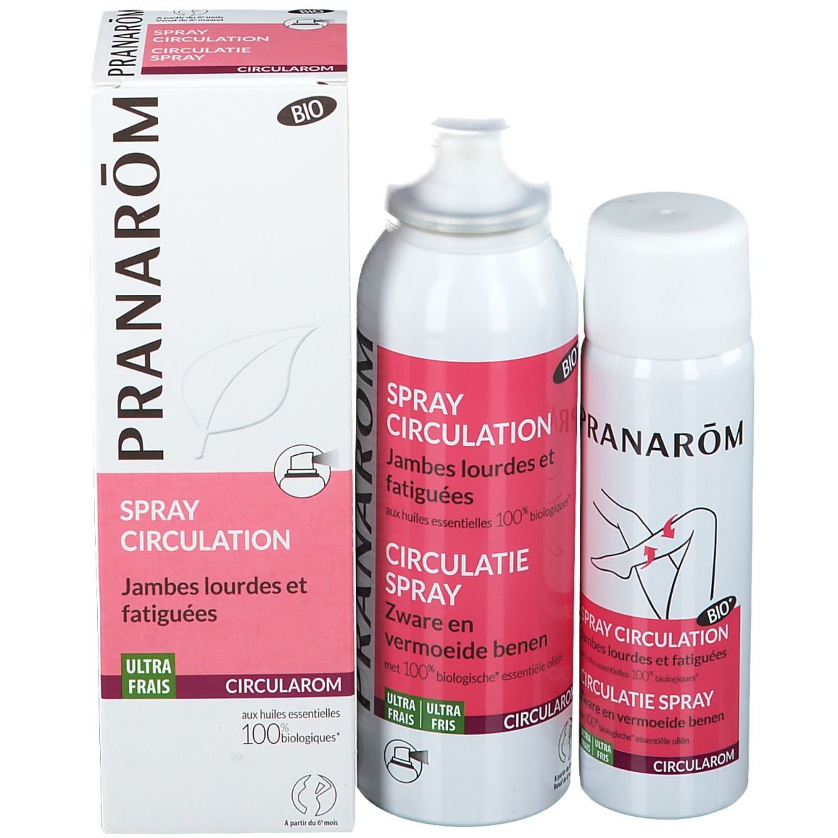 Emballage et deux sprays. Inscription: PRANAROM, Spray Circulation. Certification BIO.