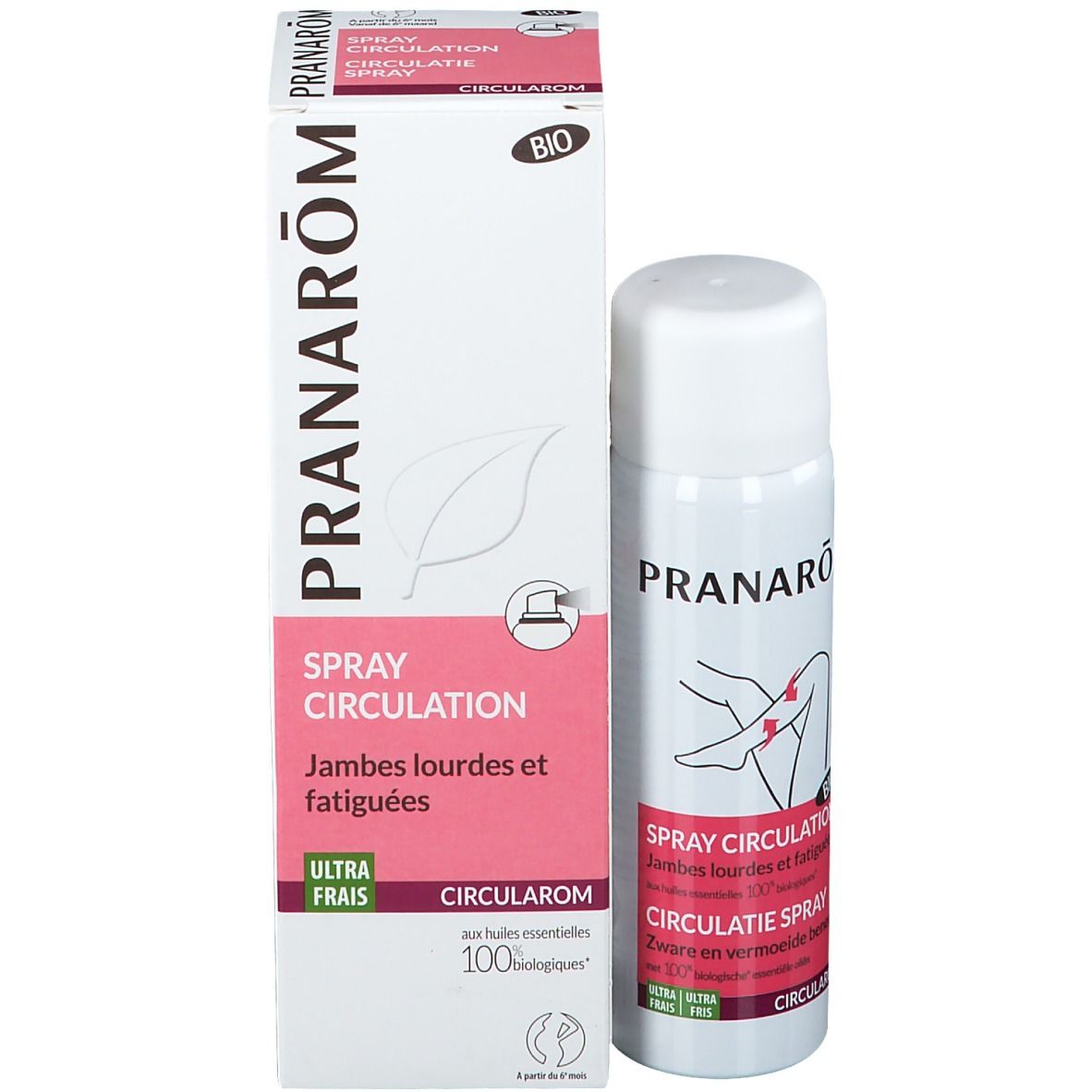 Emballage et spray. Inscription: PRANAROM, Spray Circulation. Certification BIO.