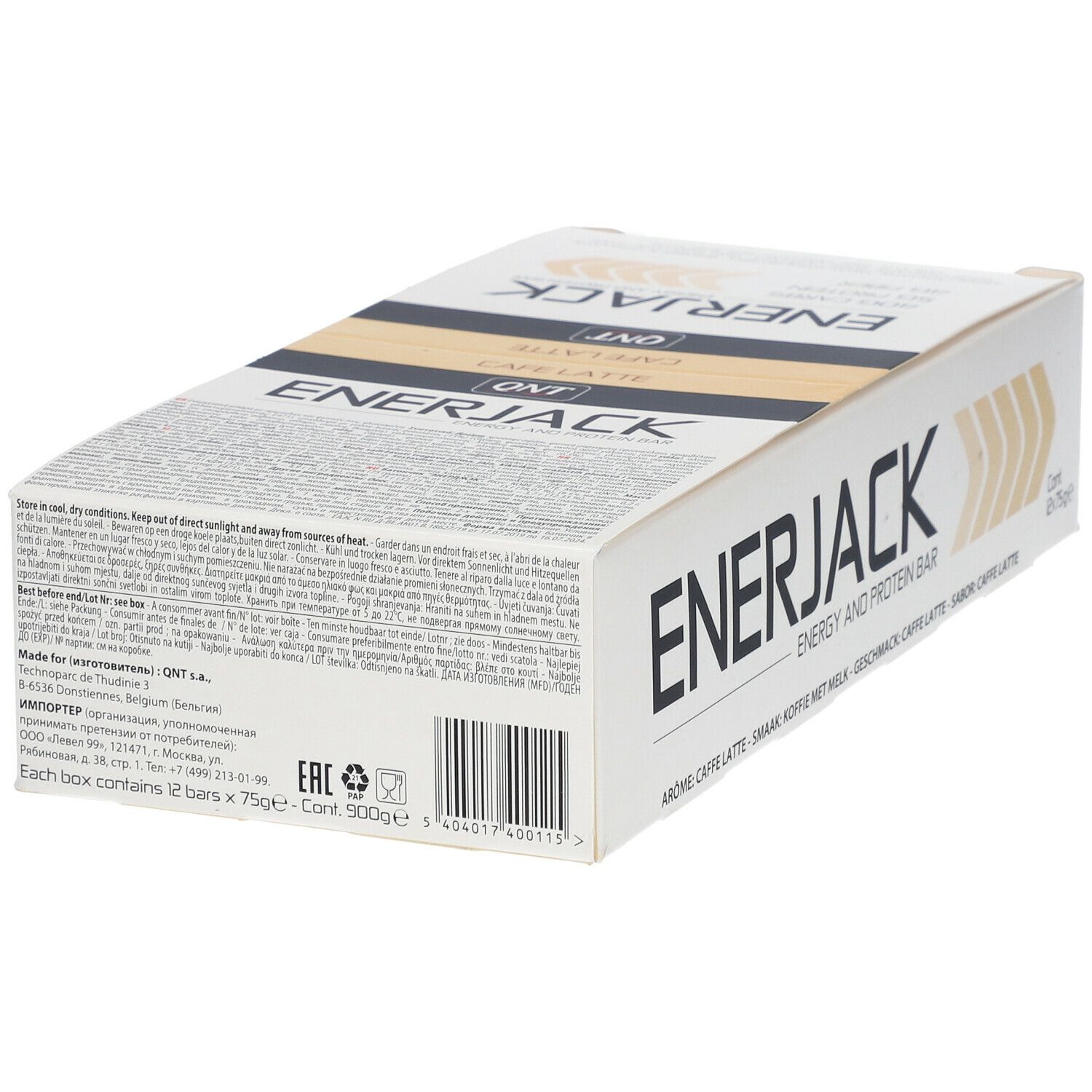 Boîte QNT Enerjack-Kaffee Latte avec informations nutritionnelles et ingrédients. Code-barres visible.