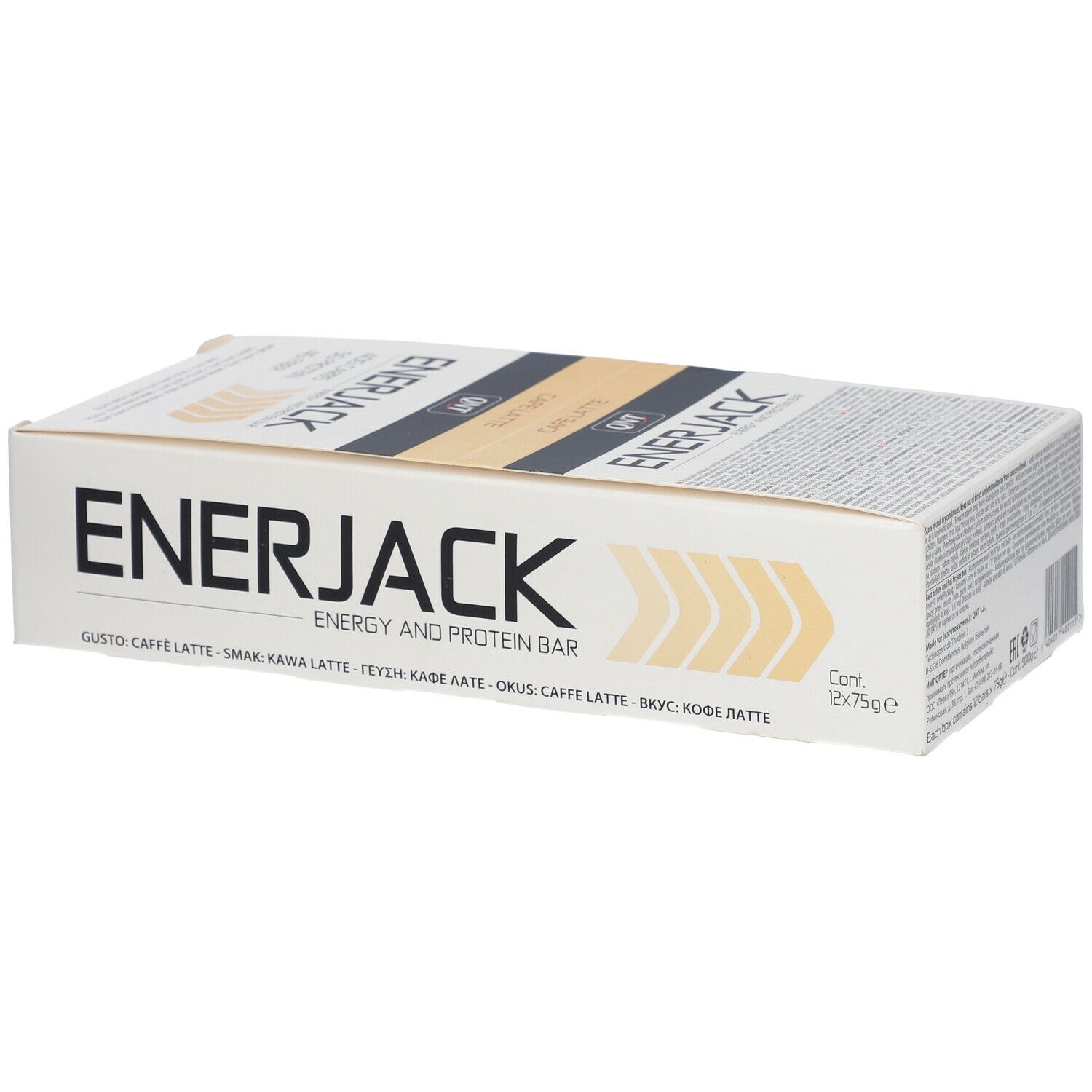 Boîte QNT Enerjack-Kaffee Latte avec 12 barres. Inscription 'Energy and Protein Bar'. Saveur : Kaffee Latte.