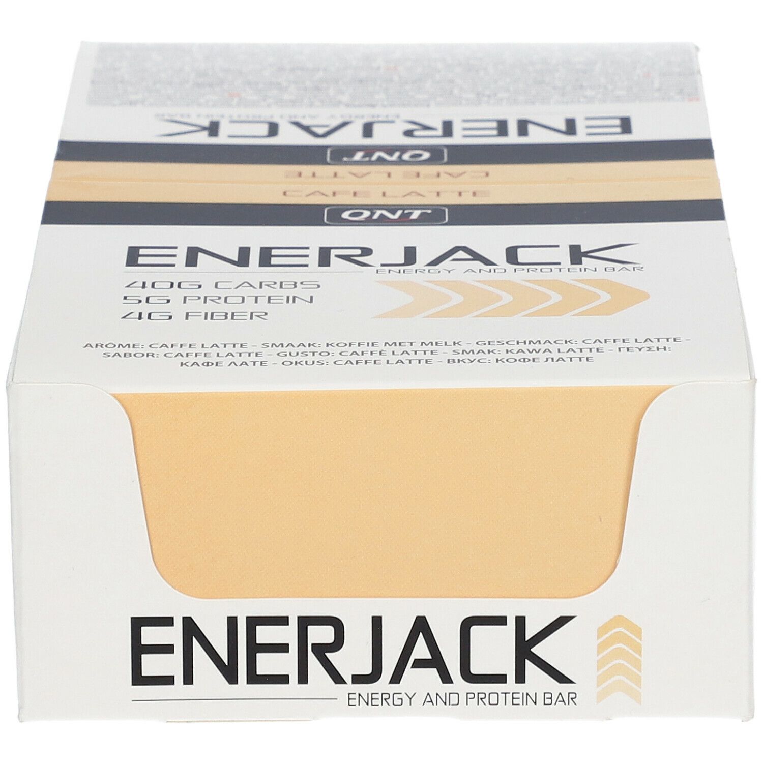 Boîte QNT Enerjack-Kaffee Latte ouverte. Contient 12 barres. Inscription 'Energy and Protein Bar'. Informations nutritionnelles visibles.