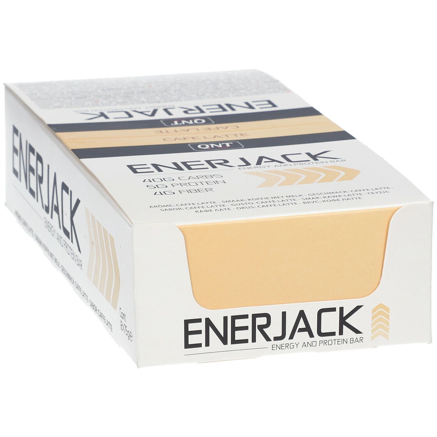 Boîte QNT Enerjack-Kaffee Latte ouverte. Contient 12 barres. Inscription 'Energy and Protein Bar'. Informations nutritionnelles visibles.
