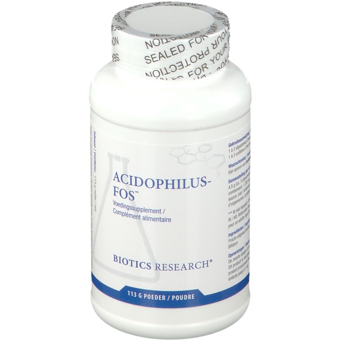 Flacon blanc avec texte ACIDOPHILUS-FOS. Logo BIOTICS RESEARCH. 113 g de poudre. Bouchon scellé.