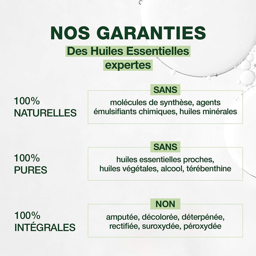 Texte sur les garanties des huiles essentielles : 100% naturelles, pures et intégrales.