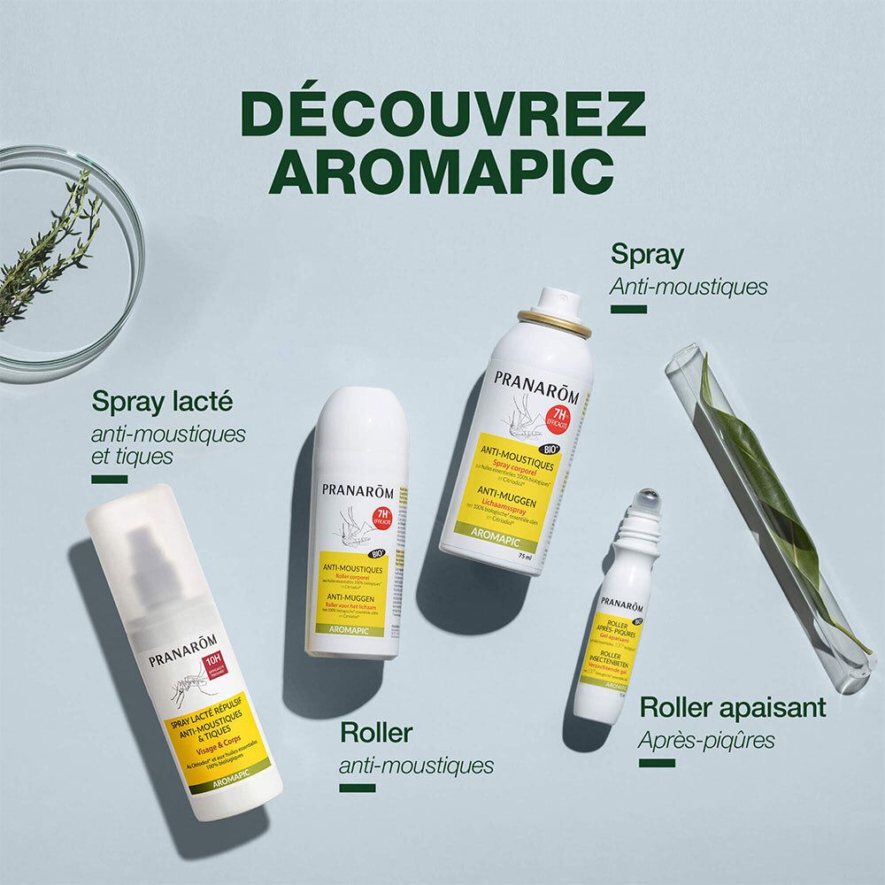 Divers produits Aromapic : spray, roller, spray lacté, roller après-piqûres.