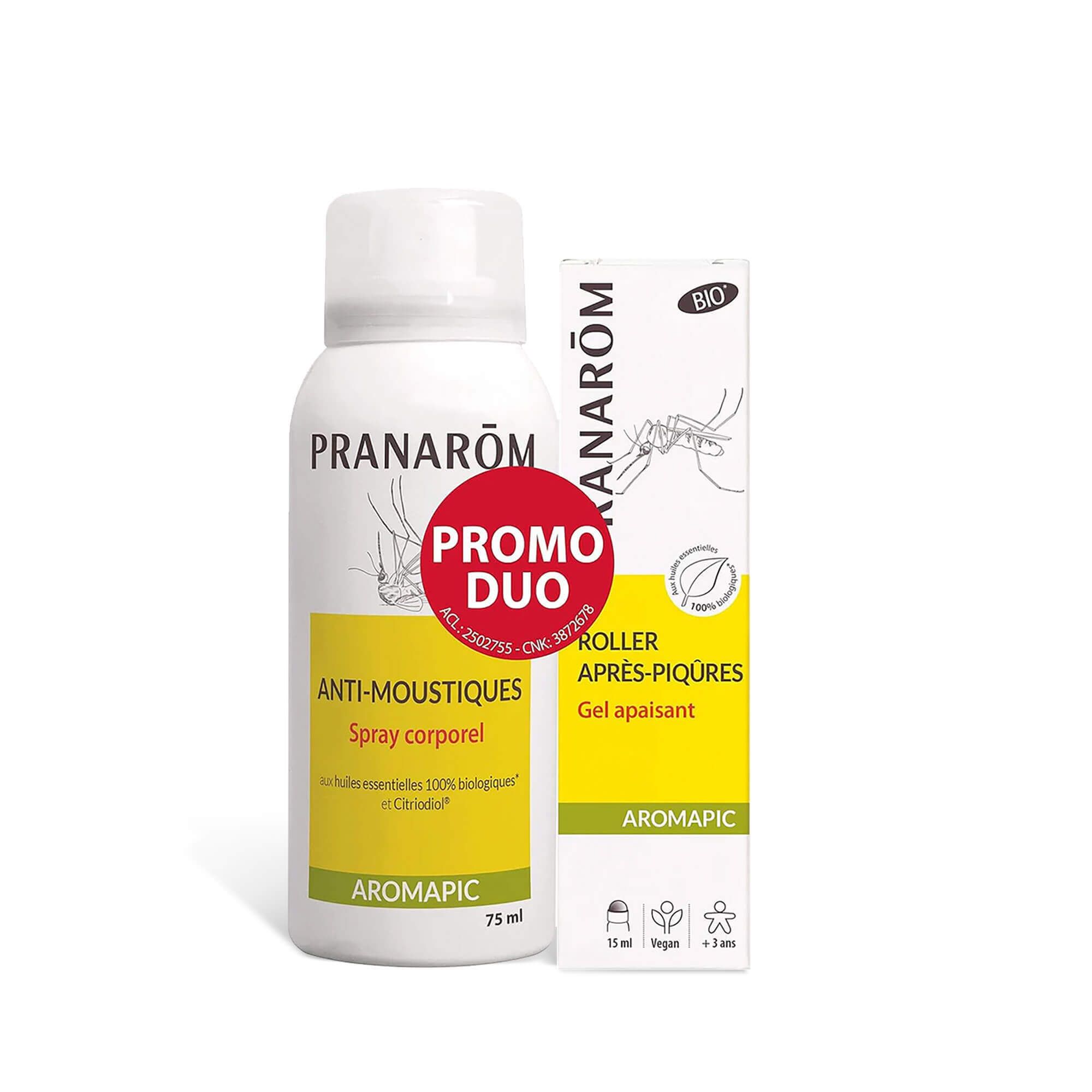 Ensemble spray et roll-on. Spray avec étiquette jaune, texte ANTI-MOUSTIQUES. Boîte roll-on avec logo BIO. Autocollant promo rouge.