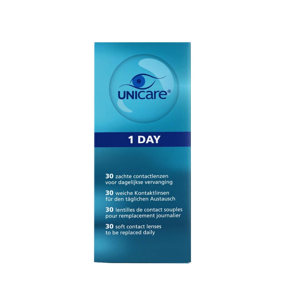 Verpakking contactlenzen Unicare. Blauw, logo, tekst: 1 DAY, 30 zachte contactlenzen voor dagelijkse vervanging.