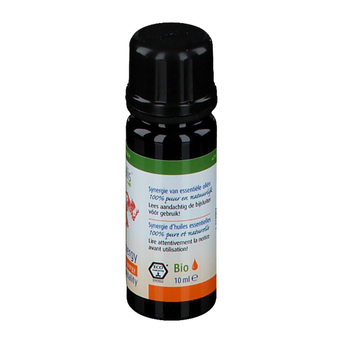 Vue arrière de la bouteille. Étiquette avec texte multilingue. Label Bio et indication 10 ml.