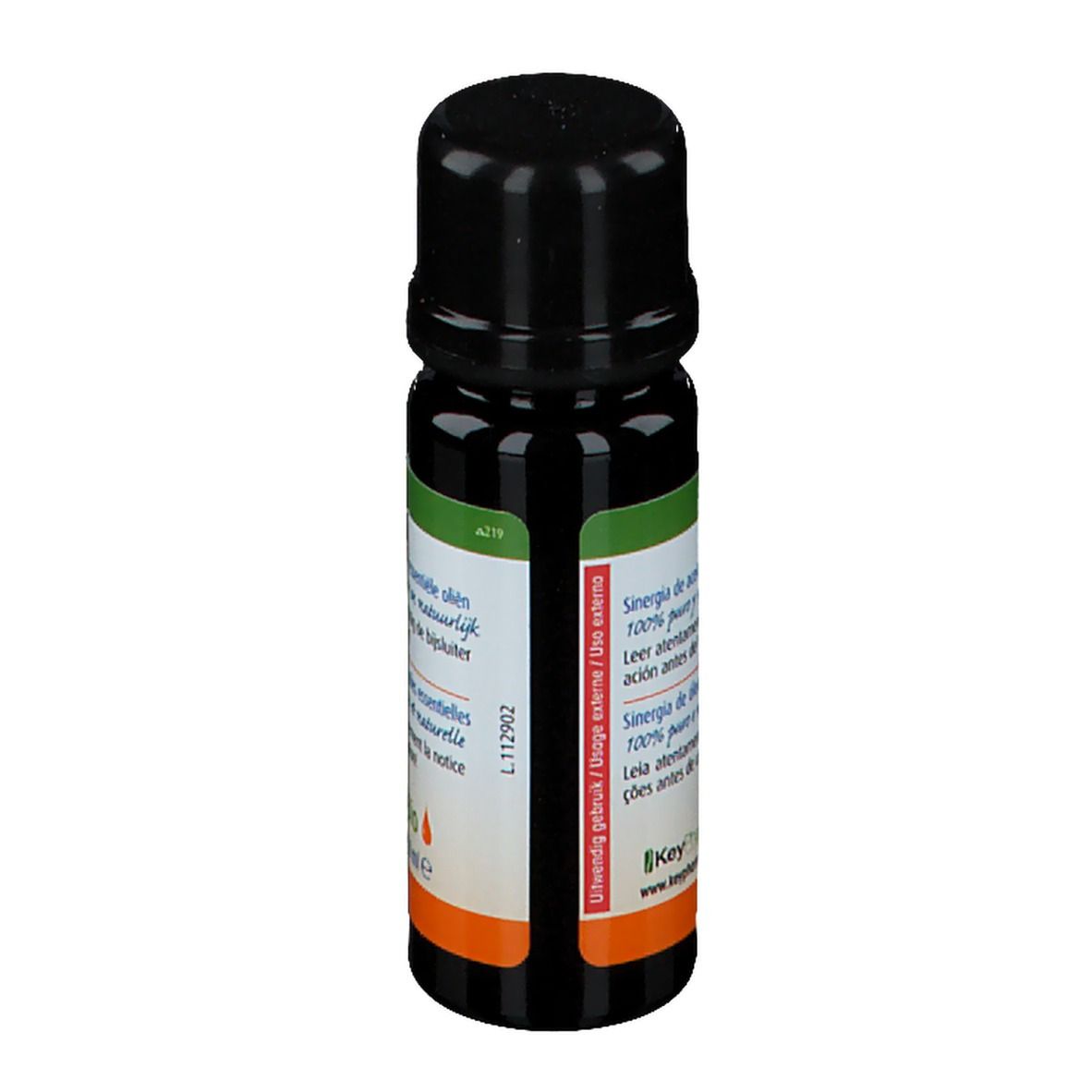 Vue latérale de la bouteille. Étiquette avec texte multilingue. Label Bio et indication 10 ml.