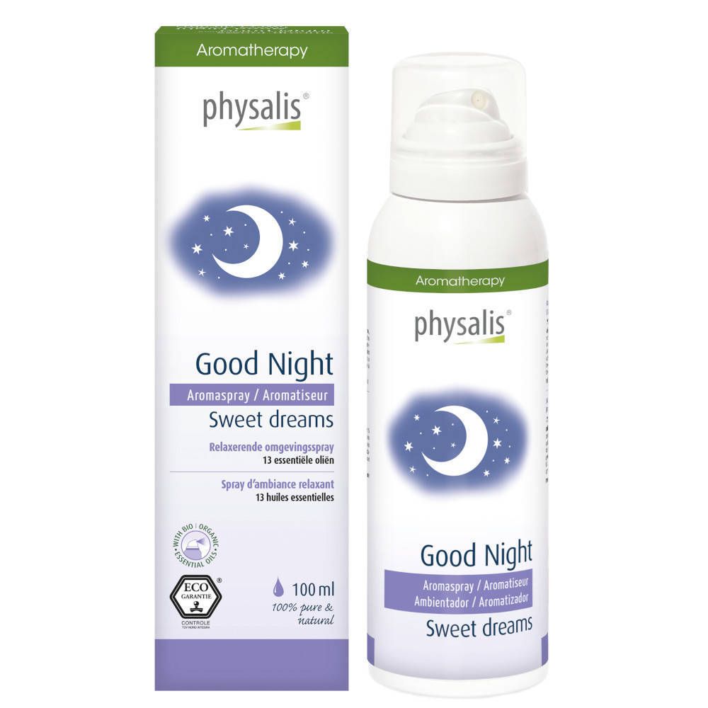 Spray d'ambiance blanc avec tête de pulvérisation et boîte. Inscription : physalis, Good Night, motif lune et étoiles, 13 huiles essentielles.