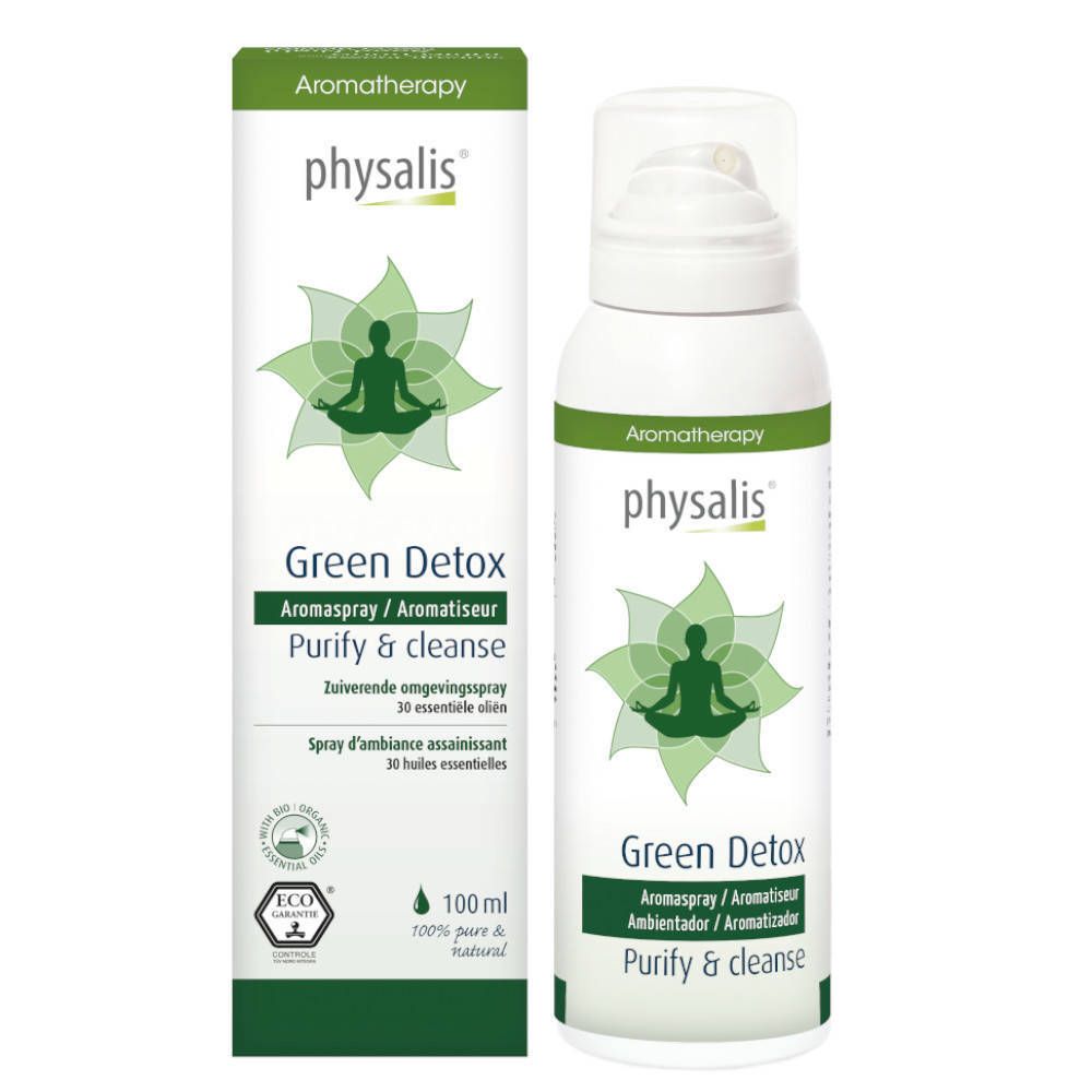 Wit aromaspray met groen etiket. Opschrift: Physalis, Green Detox, Aromatherapy. Met kartonnen verpakking.