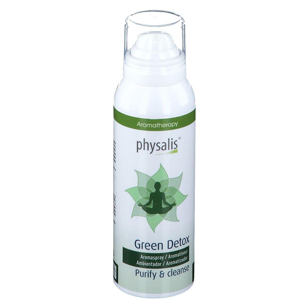 Wit aromaspray met groen etiket. Opschrift: physalis, Green Detox, Aromatherapy. Met sproeikop.