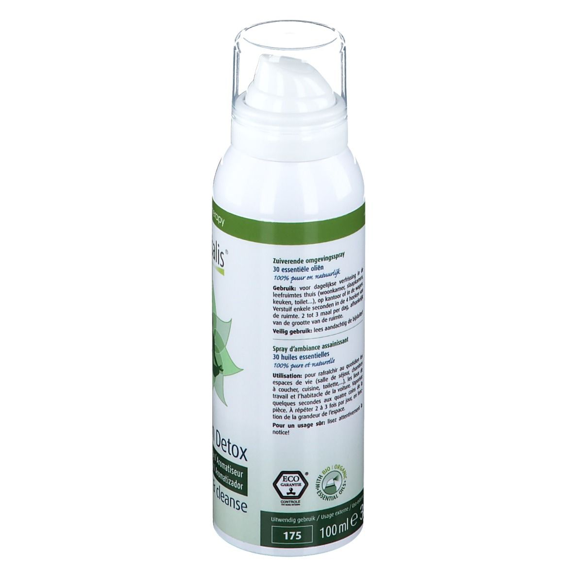 Wit aromaspray met groene details. Achterkant met tekst. EcoControl-certificering en 100ml-aanduiding.